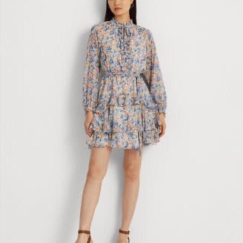 LAUREN RALPH LAUREN FLORAL CRINKLE GEORGETTE TIE NECK TIERED DRESS SIZE 10
